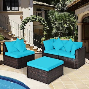 4-Piece Wicker Patio Conversation Set Sectional Couch Ottoman with Turquoise Cushions