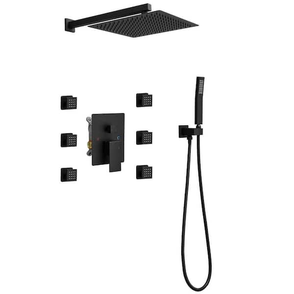 3-Spray Wall Mount 2.5 GPM 10 in. Shower Head Fixed and Handheld Shower Head with 6-Jets in Matte Black (Valve Included)