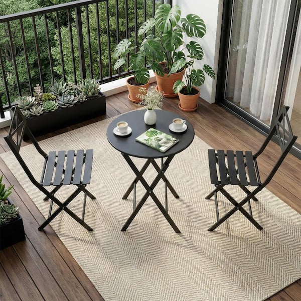homfan Black 3-Piece Folding Bistro Set with 2 Chairs and Table Space Saving Patio Furniture for Small Balcony Garden