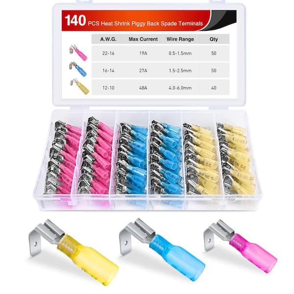 22-16/16-14/12-10 AWG Heat Shrink Spade Terminals Connectors Kit with Grounding Plug for Auto Cars Trucks Boats 140-Pack