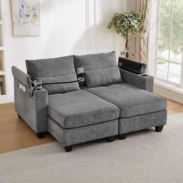 Grey 63 in. Convertible Corduroy Sleeper Sofa Bed with USB Ports, 2 Cup Holders, Phone Holder&Ample Storage