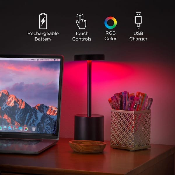 9.5 in. Black Metal Indoor RGB Integrated LED Touch Lamp with