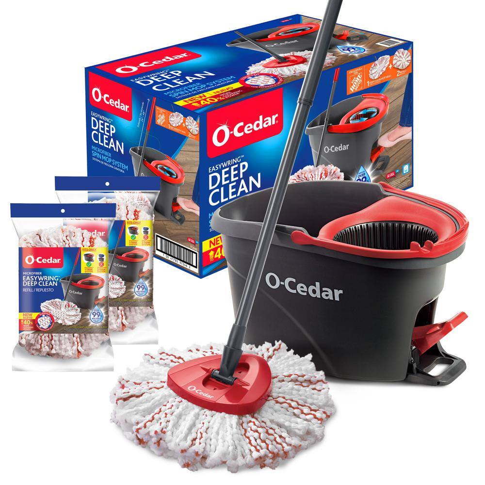 O-Cedar EasyWring Deep Clean Microfiber Spin Mop with Bucket System and 2 Extra Deep Clean Mop Head Refills, Red/White