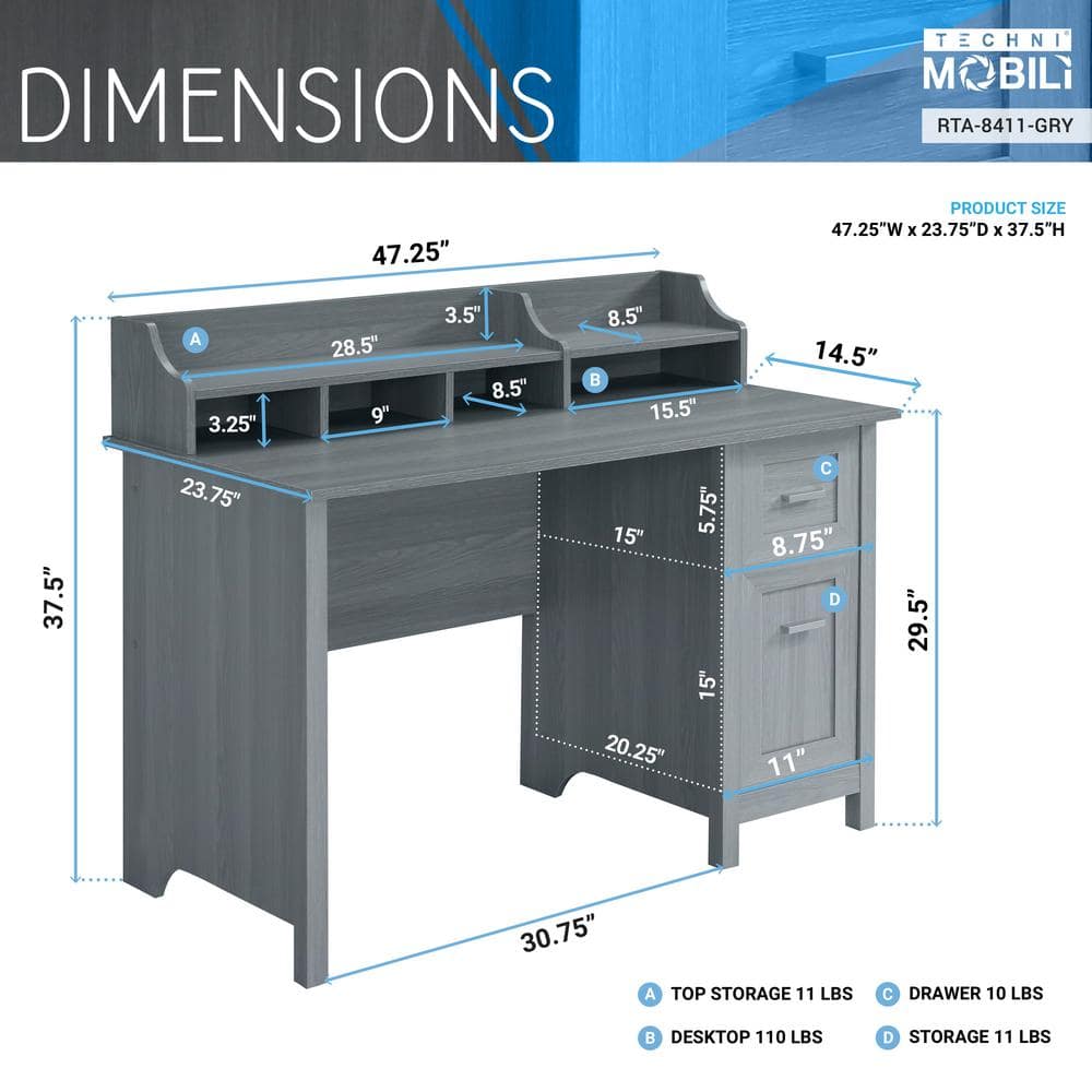 Modern Gray Wood-Design Office Desk with Hutch and Drawers