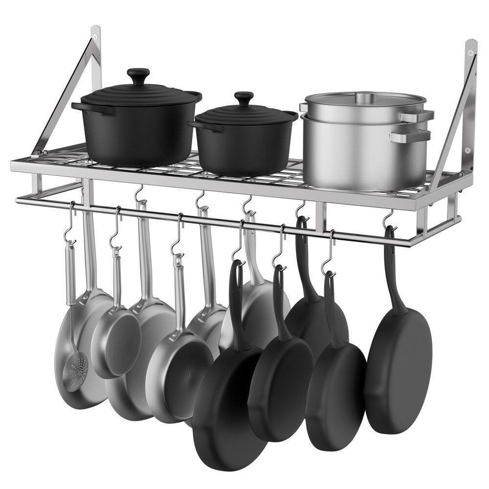 Silver Gray 30 in. Wall Mount Rectangular Pot Rack for Kitchen 2-Tier with 12 Hooks