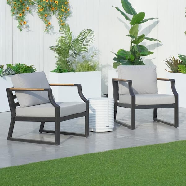 DIRECT WICKER Tiger 3-Piece Metal Round Outdoor Bistro Set with White Concrete Side Table, Grey Cushions