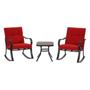 3-Pieces Metal Outdoor Bistro Rocking Conversation Sets with Coffee Table and Red Cushions