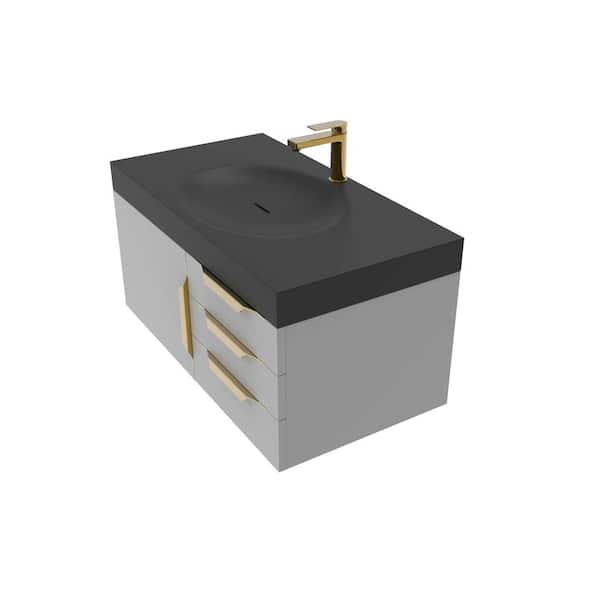 castellousa Thames 36 in. W x 19 in. D x 16.25 in. H Single Floating Bath Vanity in Matte Gray w Gold Trim w Solid Surface Black Top