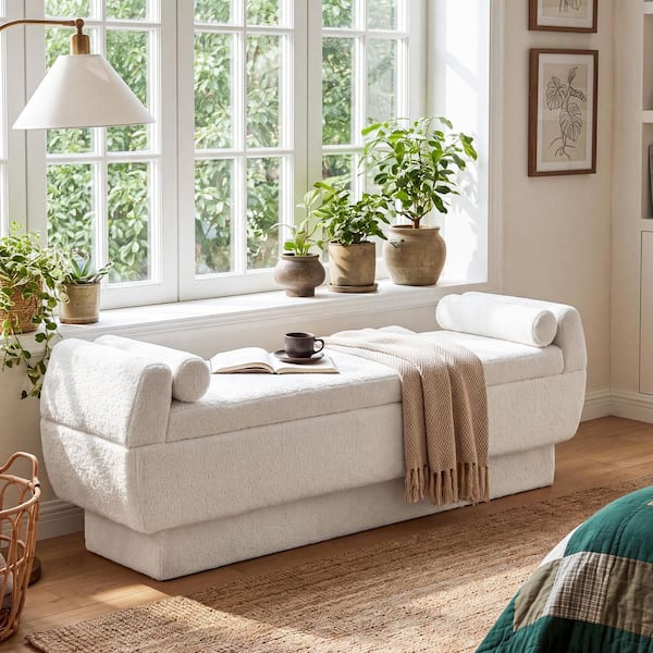 Ashford 59.8 in. White Upholstered Bedroom Bench with Arms and 2 Bolster Pillows, Easy Assembly