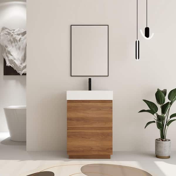 ARTCHIRLY 23.62 in. W x 18.11 in. D x 35.35 in. H Freestanding Bath Vanity in Brown with White Ceramic Vanity Top