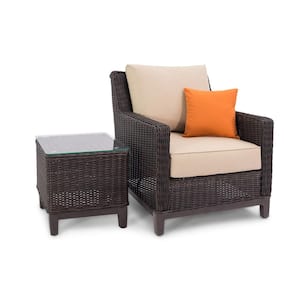 Alisa Brown Wicker Outdoor Lounge Chair with Beige Cushions and Side Table