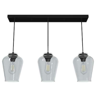 Vidria 3 Light Matte Black Linear Chandelier with Smoked Glass Shades Kitchen Light