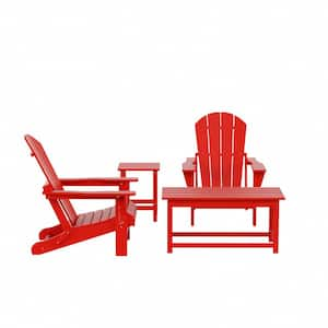 Laguna 4-Piece Fade Resistant Outdoor Patio HDPE Poly Plastic Folding Adirondack Chairs and Tables Set in Red