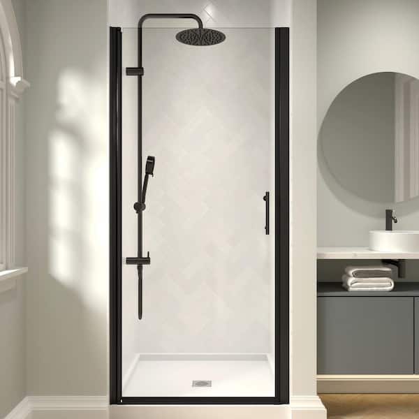 Modern 32 to 33-3/8 in. W x 72 in. H Pivot Frameless Shower Door in Matte Black Finish with 1/4 in. (6mm) Clear Glass