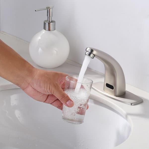Automatic Sensor Touchless Battery Powered Bathroom Sink Faucet with Deckplate and Mixing Valve in Brushed Nickel