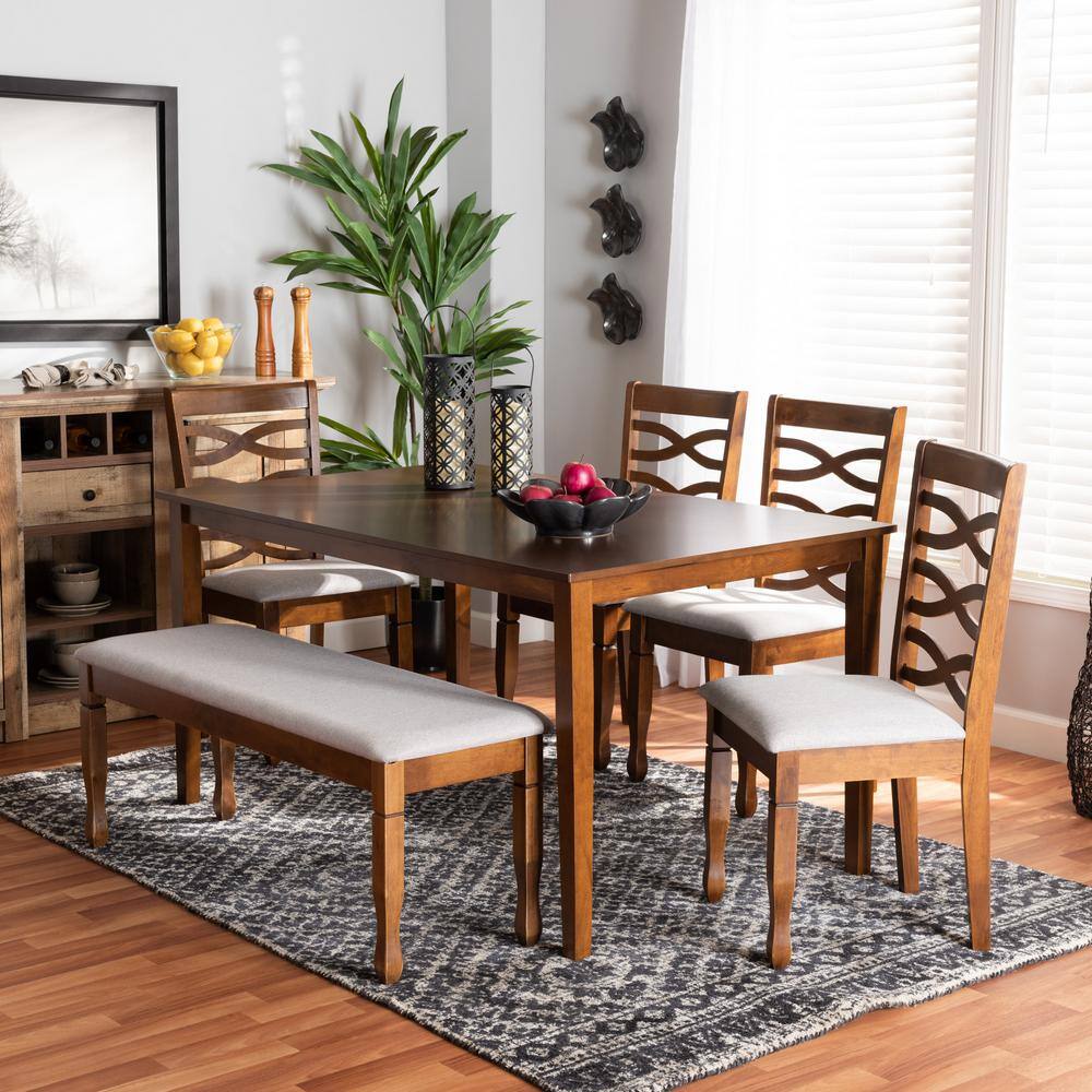 Lanier 6-Piece Gray Fabric and Walnut Wood Dining Set