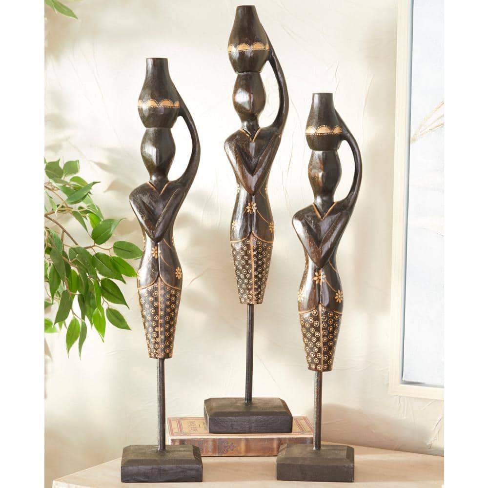 Transitional Art Deco Dark Wood Women Sculpture Trio