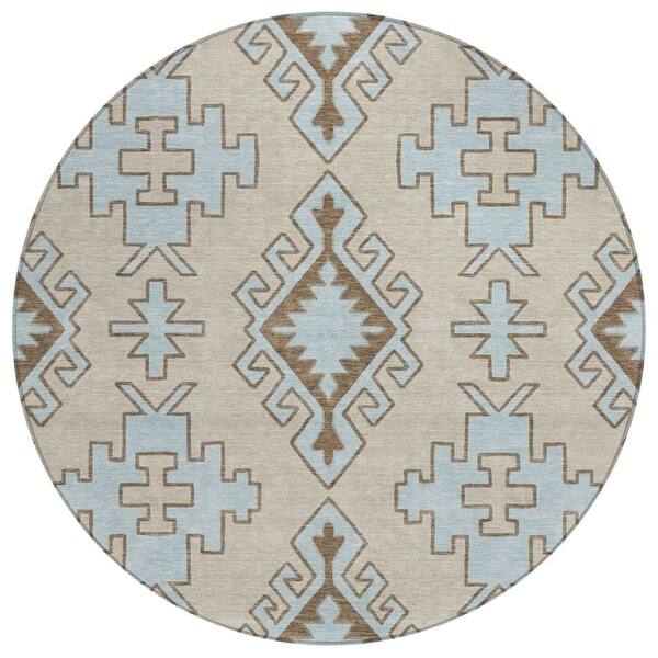 Chantille Machine Washable Indoor/Outdoor Abstract ACN3029 Linen 8 ft. x 8 ft. Round Rug