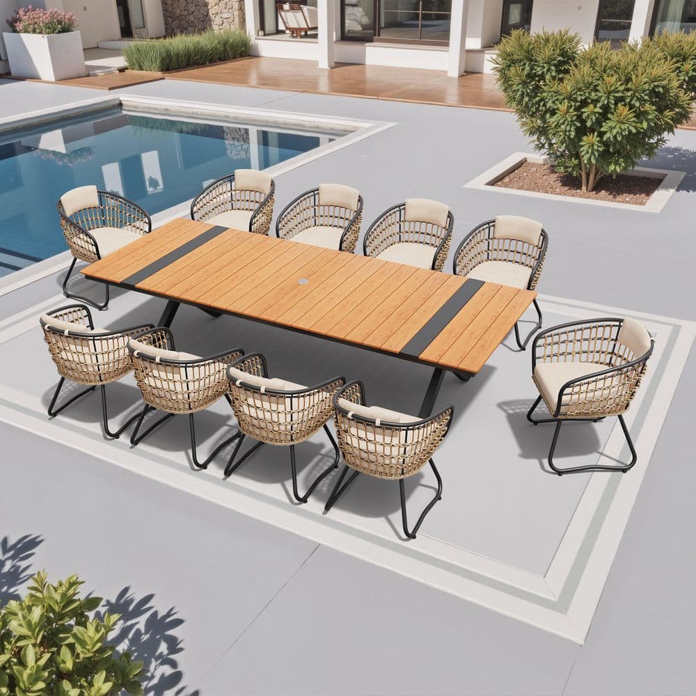 11-Piece Aluminum Outdoor Dining Set 118 in. Dining Table with WPC Top and 10 Wicker Chairs with Cushion Pillow in Beige price history on PriceWatchPro