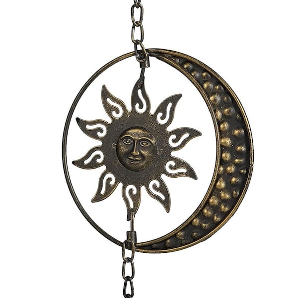 Vintage 8.5 ft. Decorative Sun and Moon Rotational Metal Rain Chain Copper Finish Outdoor Garden Rain Catcher Chain