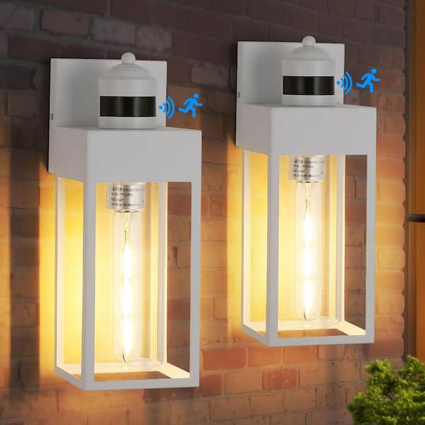 GMGSROM 1-Light White Motion Sensing Dusk to Dawn Hardwired Outdoor Wall Lantern Sconce with Clear Glass(2-Pack)