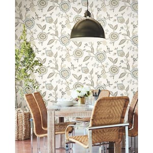 Dahlia Blooms Cotton/Sky Multi-Colored Matte Pre-pasted Paper Wallpaper 60.75 sq. ft