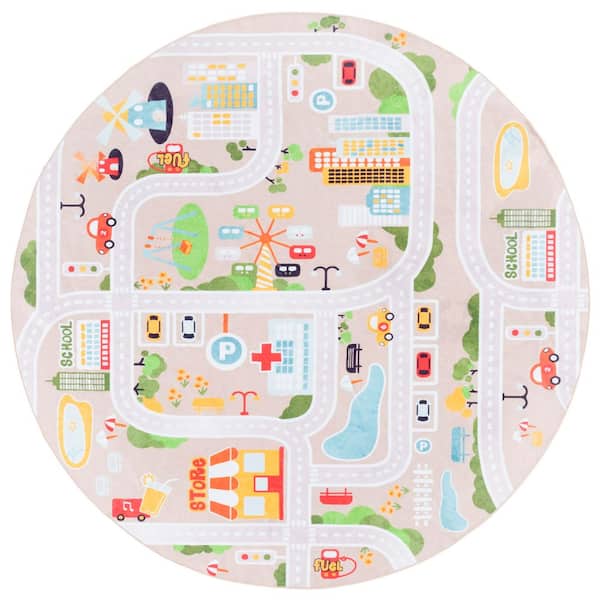 Santa Monica Kids 6 ft. x 6 ft. Round Beige/Ivory Town Roads Washable Area Rug