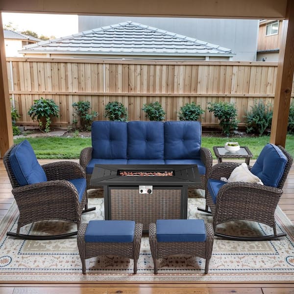 Brown 7-Piece Wicker Patio Fire Pit Set, Outdoor Sofa Seating Set with Olefin Navy Blue Cushions and Rocking Chairs