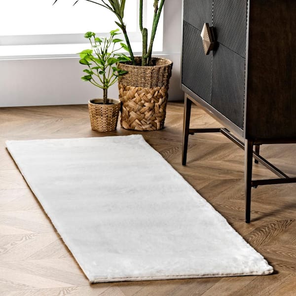 Layne Soft Silky Faux Rabbit Fur White 3 ft. x 8 ft. Casual Runner Rug