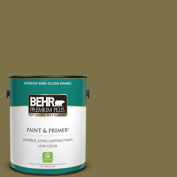 BEHR PREMIUM PLUS 1 gal. #S330-7 Olive Shade Semi-Gloss Enamel Low Odor Interior Paint & Primer