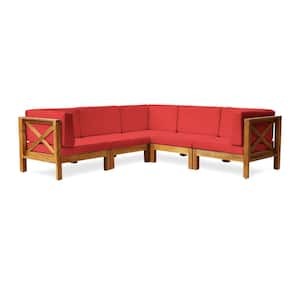 Brava Teak Brown 5-Piece Acacia Wood Patio Conversation Sectional Seating Set with Red Cushions