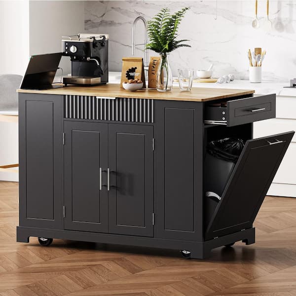Tenleaf Black Wood 48.50 in. Rolling Kitchen Island with Trash Can