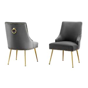 Monica Dark Gray Velvet Fabric Gold Chrome Iron Legs Side Chair (2-Chairs Included)