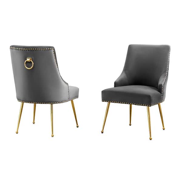 Best Quality Furniture Monica Dark Gray Velvet Fabric Gold Chrome Iron Legs Side Chair (2-Chairs Included)