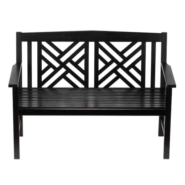 ACHLA DESIGNS 4 ft. Black Wooden Indoor/Outdoor Fretwork Bench, Home Patio Garden Deck Seating