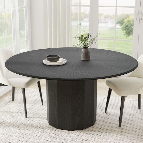 Lirago Cylindrical Black Colored Wood 60 in. Column Base Duckbill Edge Dining Table for 8