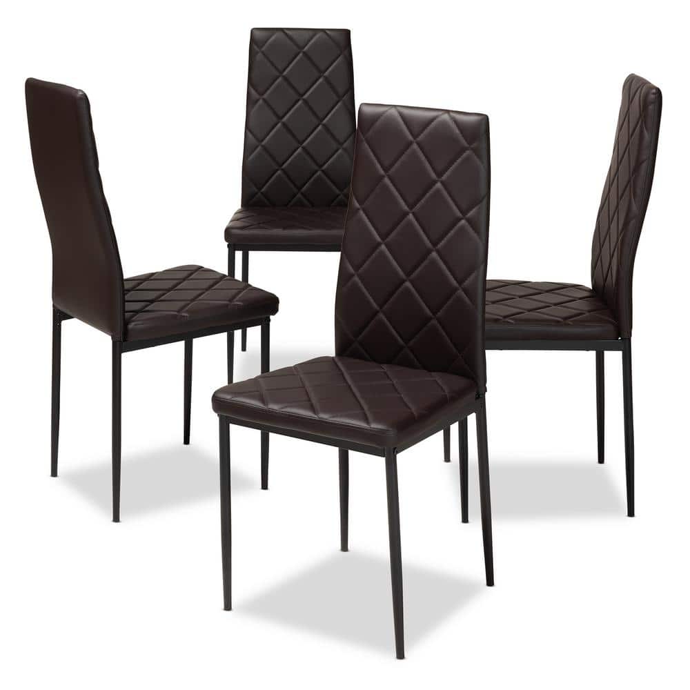 Set of 4 Brown Faux Leather Parsons Dining Chairs with Metal Legs