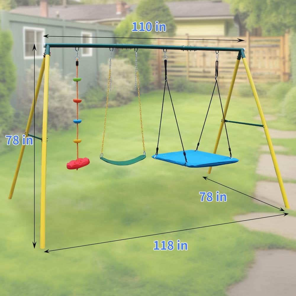 Yellow Steel Frame 3-in-1 Kids Swing Set with Climbing Ladder