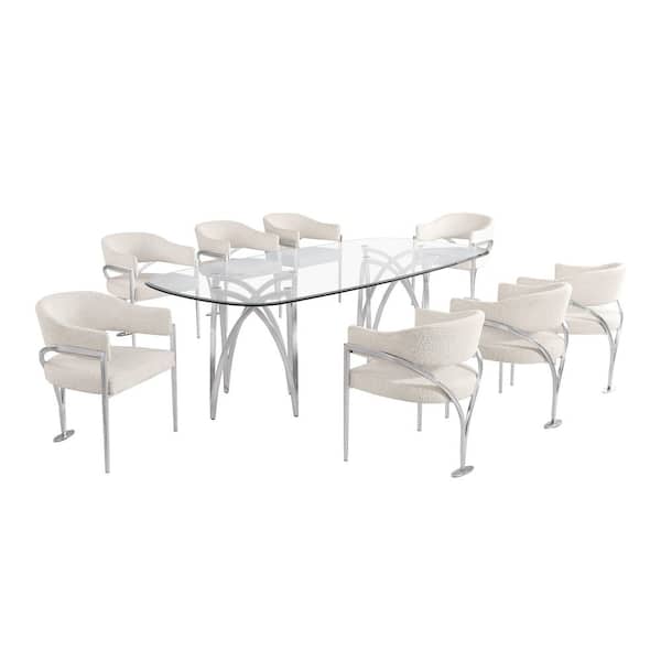 Best Quality Furniture Doug 9-Piece Clear Tempered Glass Top Chrome Plated Base Dining Set with 8-Cream Color Chairs