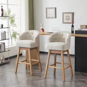 33.25 in. Beige Fabric Upholstered and Rubberwood Swivel Barstool, Natural, (Set of 2)