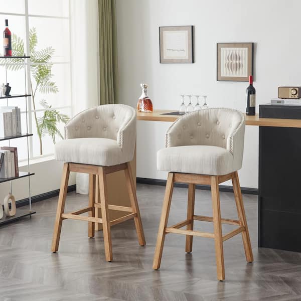 CHRISTOPHER KNIGHT HOME 33.25 in. Beige Fabric Upholstered and Rubberwood Swivel Barstool, Natural, (Set of 2)