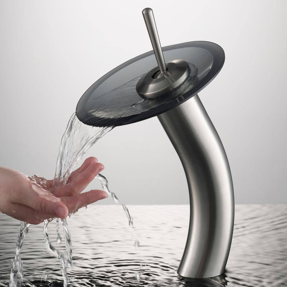 Satin Nickel Single Hole Vessel Faucet with Frosted Glass Disk