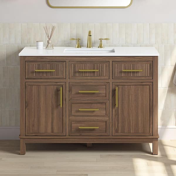 Riley 48 in. Single Sink Spiced Walnut Bath Vanity with White Engineered Stone Top (Assembled)