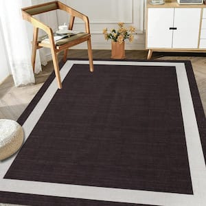 Everest Brown Creme 8 ft. x 10 ft. Machine Washable Geometric Modern Border Polyester Non-Slip Backing Area Rug