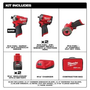 M12 FUEL SURGE 12V Li-Ion Brushless Cordless 1/4" Hex Impact Driver Kit w/ Two M12 FUEL Impact Wrenches & Cutoff Saw