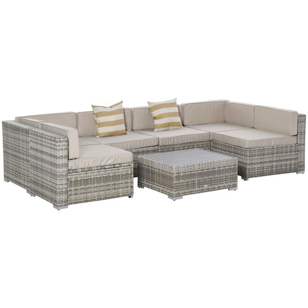 Outsunny Patio Life Grey 7-Pieces Steel Plastic Rattan Patio Conversation Set with Beige Cushions