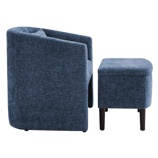 Len Blue Chenille Upholstered Accent Chair Open-Design Hollow Base Armchair with Multifunctional Storage Ottoman