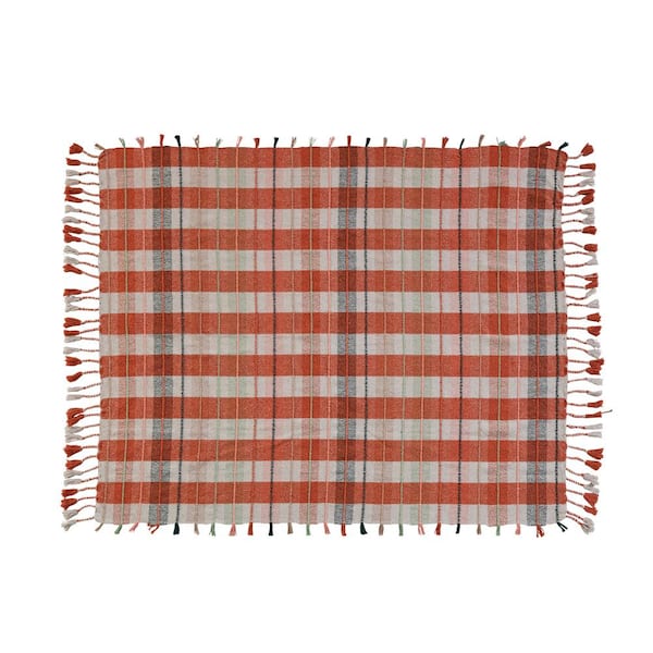Storied Home Multicolor Woven Recycled Cotton Throw Blanket with Plaid Pattern and Braided Fringe
