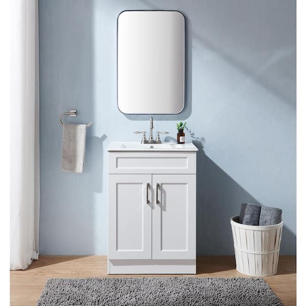 24 in. W x 18 in. D x 32 in. H Modern Freestanding Bathroom Vanity in White with White Ceramic Sink