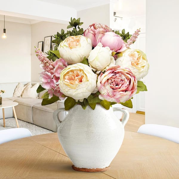 19 in. Champagne Mauve Pink Artificial Mixed Peony Hydrangea Flower Stem Bush Bouquet